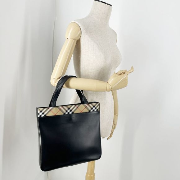 BURBERRY Tote Bag London Logo Partial Check Square Type Women's Black 20502596 - Picture 3 of 15